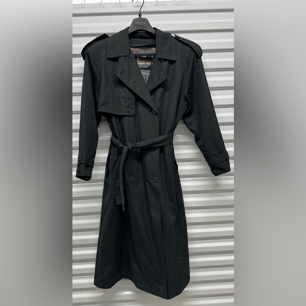 London Fog Black Double-Breasted Trench Coat with Belt - Picture 2 of 8